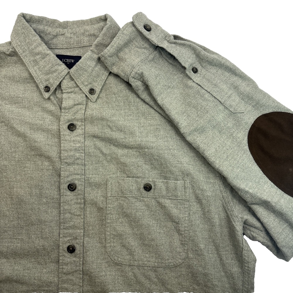 J Crew Flannel Shirt Mens Medium Button Down Gray W/ Brown Elbow Patch Pads